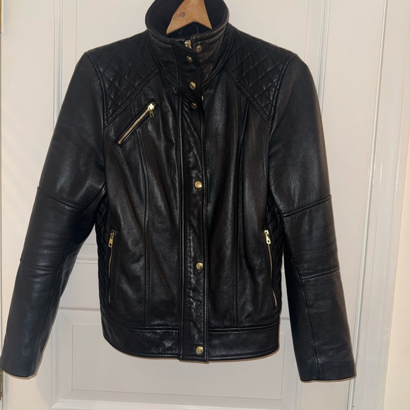 Cole Haan Quilted Moto Black Leather Jacket - Picture 3 of 4